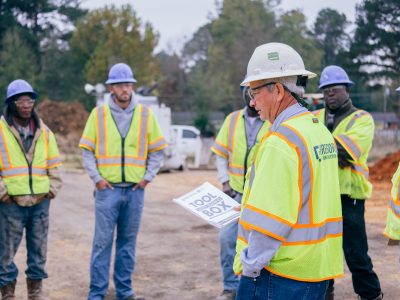 Workers wearing hard hats to avoid hazards in construction